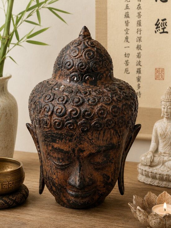 Sukhothai Other - Antique Style Bronze Sukhothai Buddha Head Sculpture Statue Meditation Decor 7"